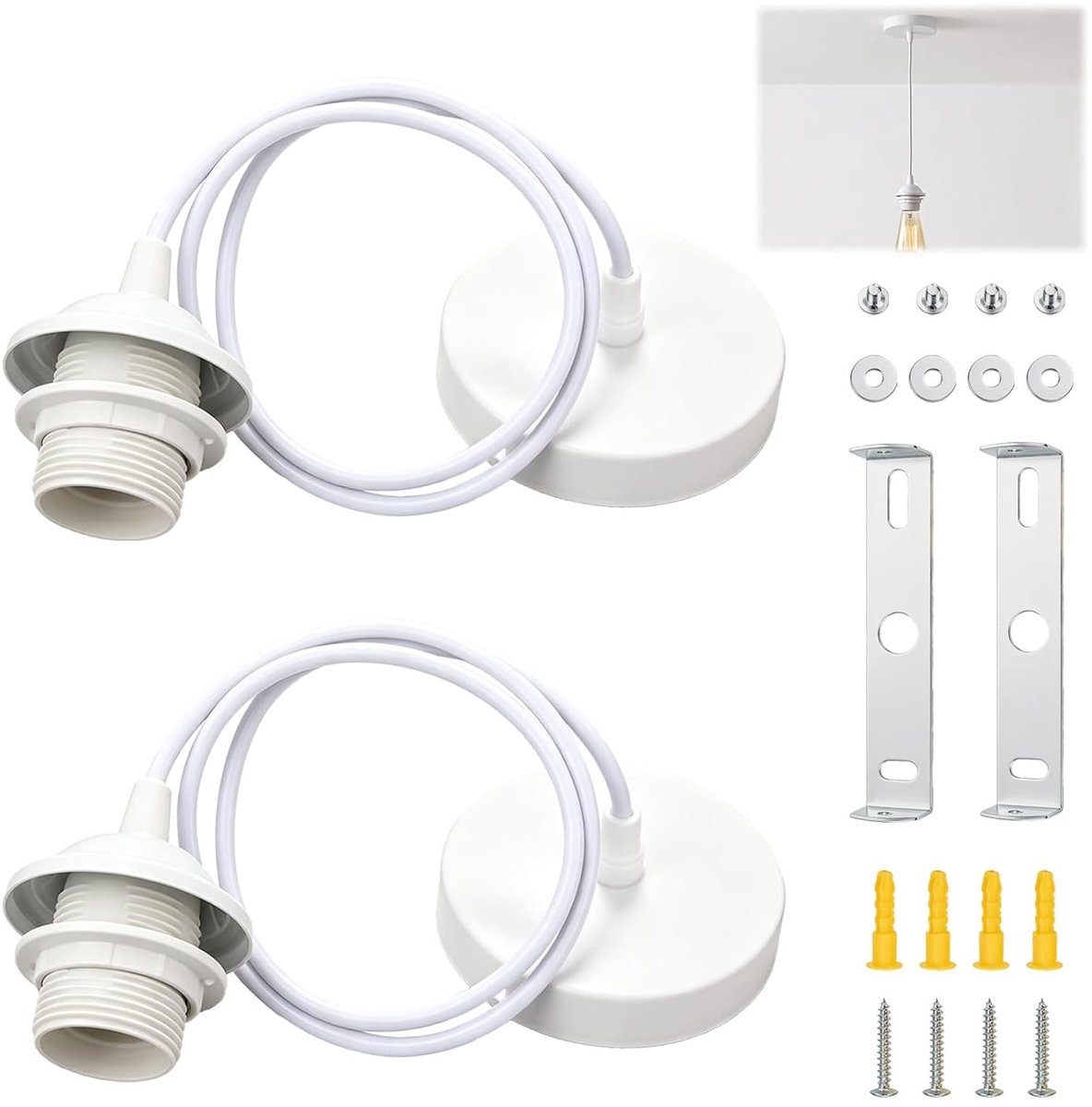 2 Piece 100cm E27 Lampenaufhängung E27 Weiß,Pendelleuchte Fassung,Schraubring,Verstellbares Cable,Lampenfassung - ShopVlot
