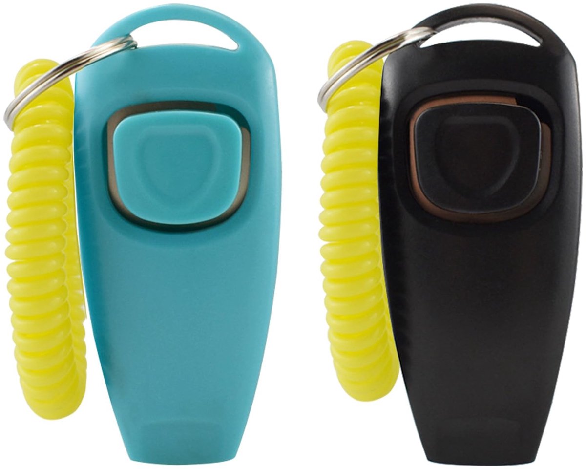 Dailygoods - 2 stuks hondenklikker en fluitje 2 in 1, klikker met grote knop en fluitjes, scheidsrechters en officials, luid en duidelijk geluid, ideaal voor trainer, huisdier, zwart en blauw