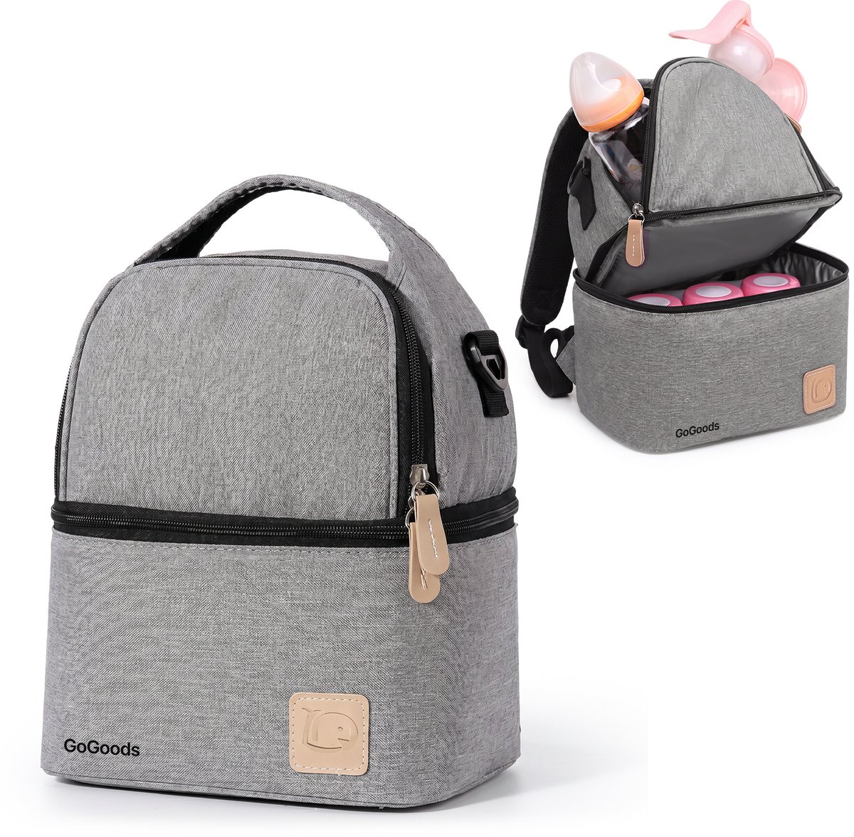 GoGoods® Luiertas Rugzak - Baby Verzorgingstas - Isoleervak voor 3-6 Flesjes - Met Kinderwagen Bevestiging - 23x17x28 cm - Grijs