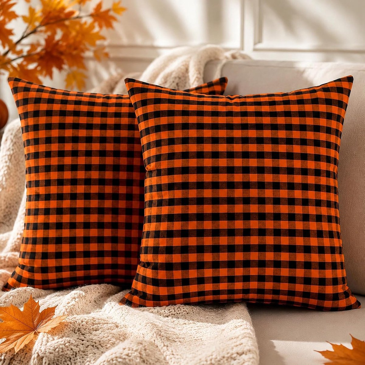 Kussenhoes 40x40 - Geruit zwart oranje - Set van 2 - Gezellige herfst decoratie - ShopVlot