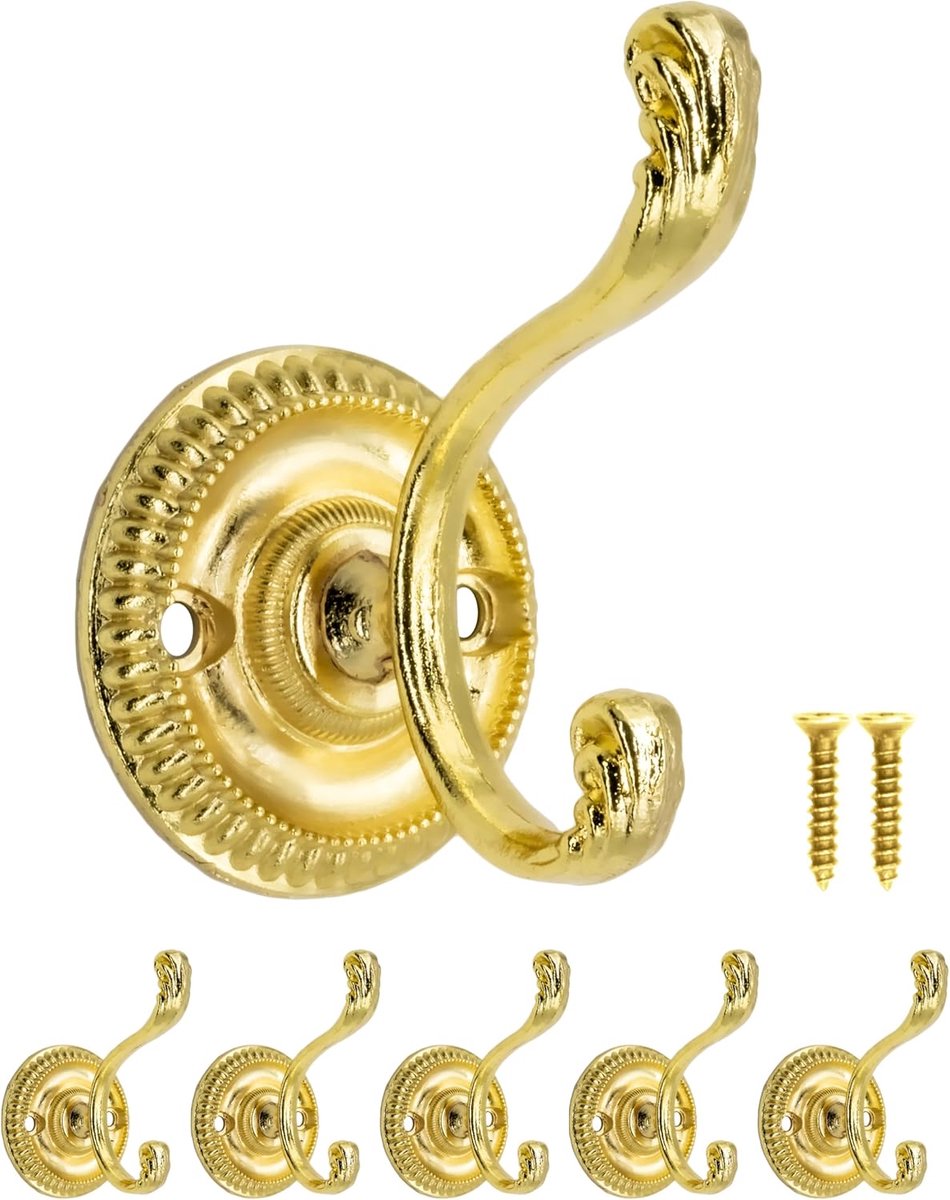 Kledinghaken set van 5 - antiek design - messing/goudkleurig - voor stijlvolle opslag - ShopVlot