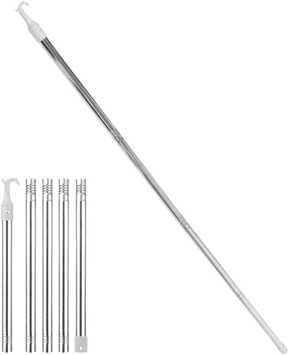Telescoop raamstang van 2 meter, roestvrijstaal, ideaal voor dakramen en jaloezieën, met haken en verlenging voor optimale raamopening