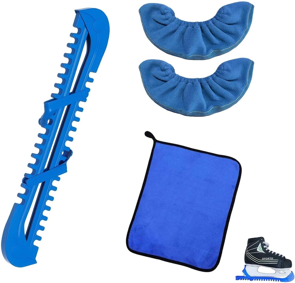 Set van 5 verstelbare schaatsbeschermers in blauw - universele maat - inclusief beschermhoezen, lemmetdoppen en doek - ideaal voor transport en opslag van ijshockey en kunstschaatsen