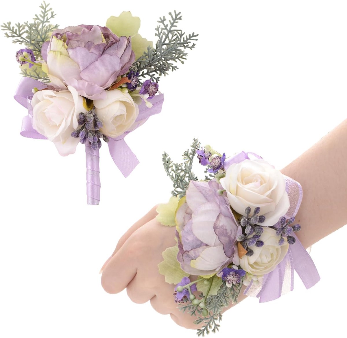 Corsage en polsbloem set - paarse pioenroos - kunstbloemen - perfect voor bruiloften - ShopVlot