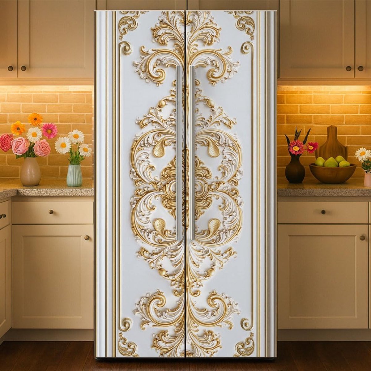 Koelkastwraps 41,5 x 200 cm - witgoud barok design - zelfklevend vinyl - verfijn uw keuken - ShopVlot