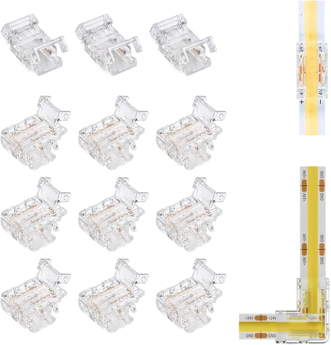 COB LED connectors 2-pin 8 mm - soldeervrije connector - L en T variant - snelle installatie - ShopVlot