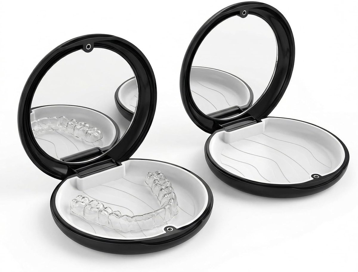 Set van 2 beugeldozen, tandspalk box met magneetsluiting en spiegel, ideaal voor prothesen, spalken en retainers - ShopVlot