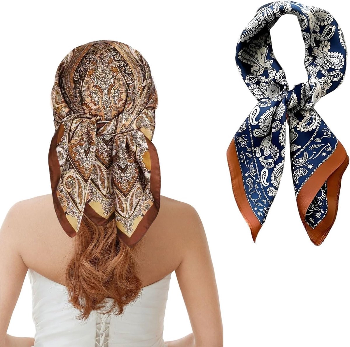 2 Piece Square Scarf Set, 70×70 cm Silk Look Scarves, Blue and Brown Headscarves for Women, 2 Different Designs for - ShopVlot