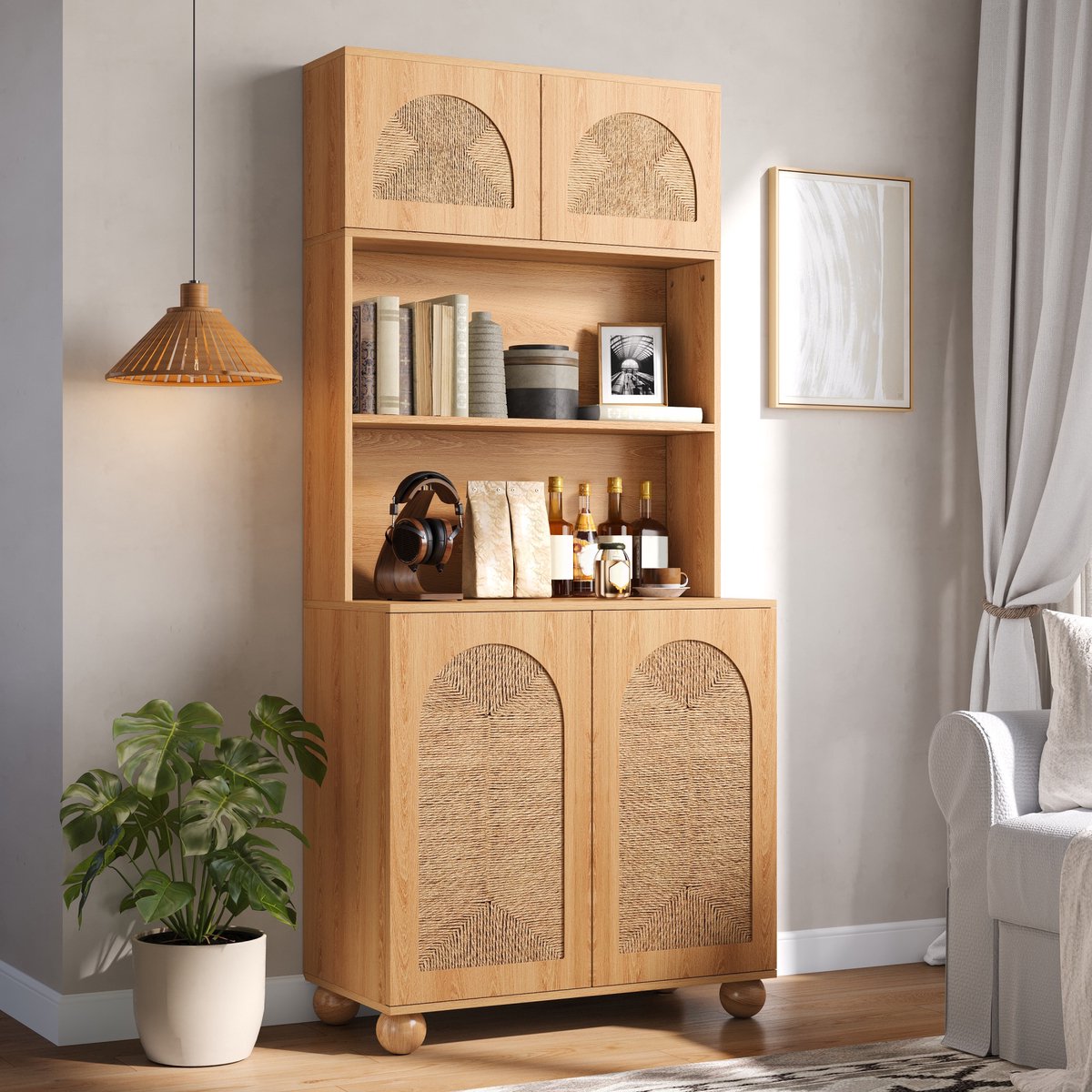 OKWISH Kast – Hoge Opbergkast Met Open Vak En 4 Deuren – Verstelbare Plank Voor Woonkamer Of Hal – MDF Naturel – 80x40x180 Cm