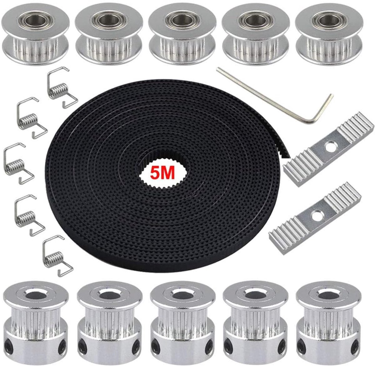FULARR 5 m Professional GT2 Time Belt 6 mm Wide + 5 Pieces, 20 Teeth, 5 mm Drill Pulley + 2 Gear Clamp, Mounting Block - ShopVlot