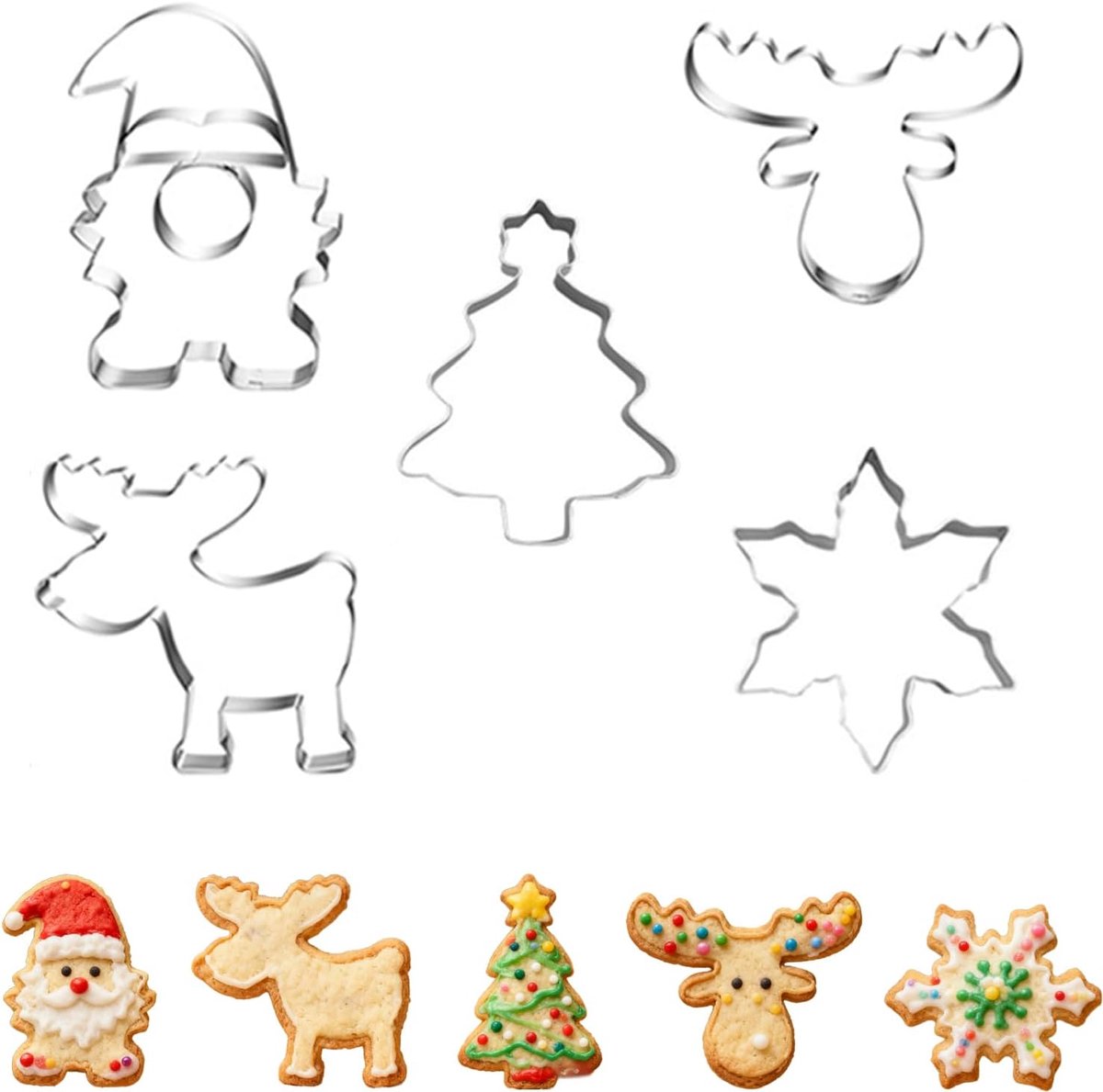 5pcs Christmas Cookie Cutters, Stainless Steel Openwork Set for Baking Christmas Tree, Santa Claus, Reindeer - ShopVlot