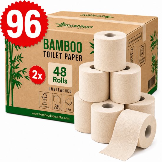 96 rollen ongebleekt 2-laags bamboe toiletpapier, met bamboe-motief, verpakt in een kartonnen doos.