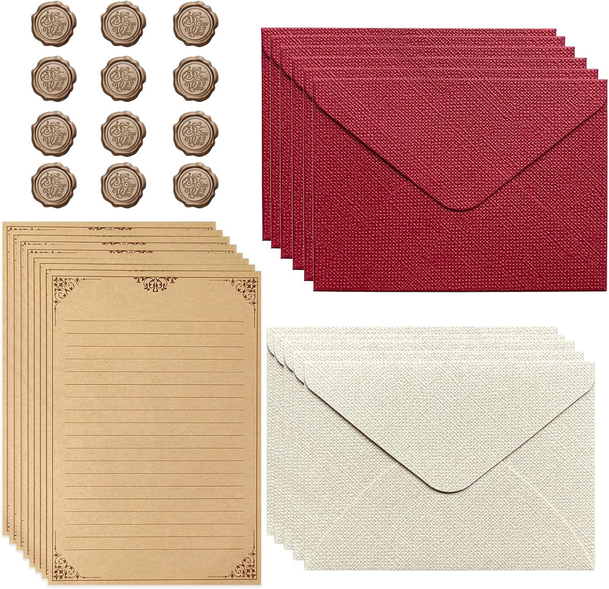 Vintage brief-schrijfset 44-delig - donkerrood + wit - premium kraftpapier - perfect voor wenskaarten - ShopVlot