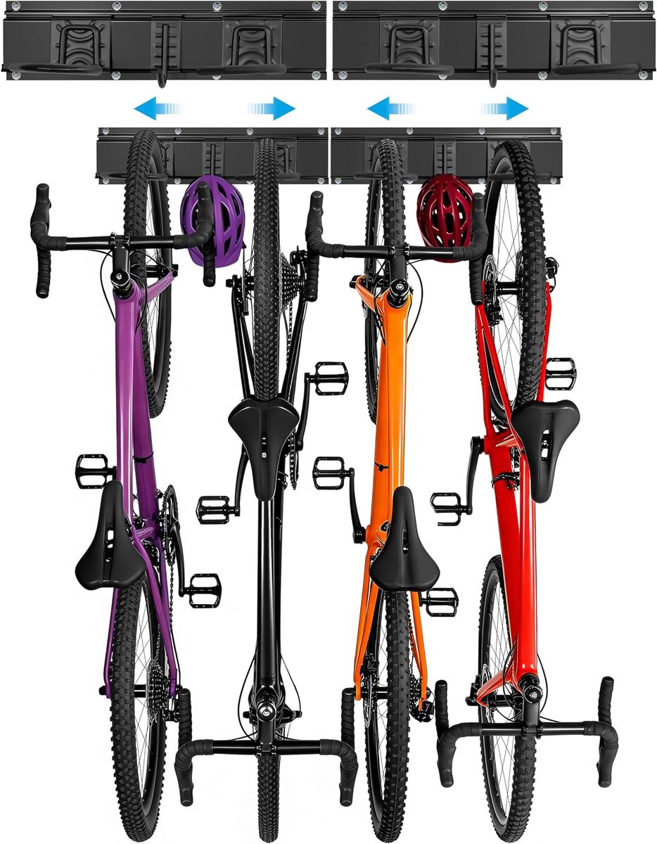 Fietswandhouder verstelbaar - koolstofstaal - 4 fietsen + 2 helmen - optimaliseer je garage - ShopVlot