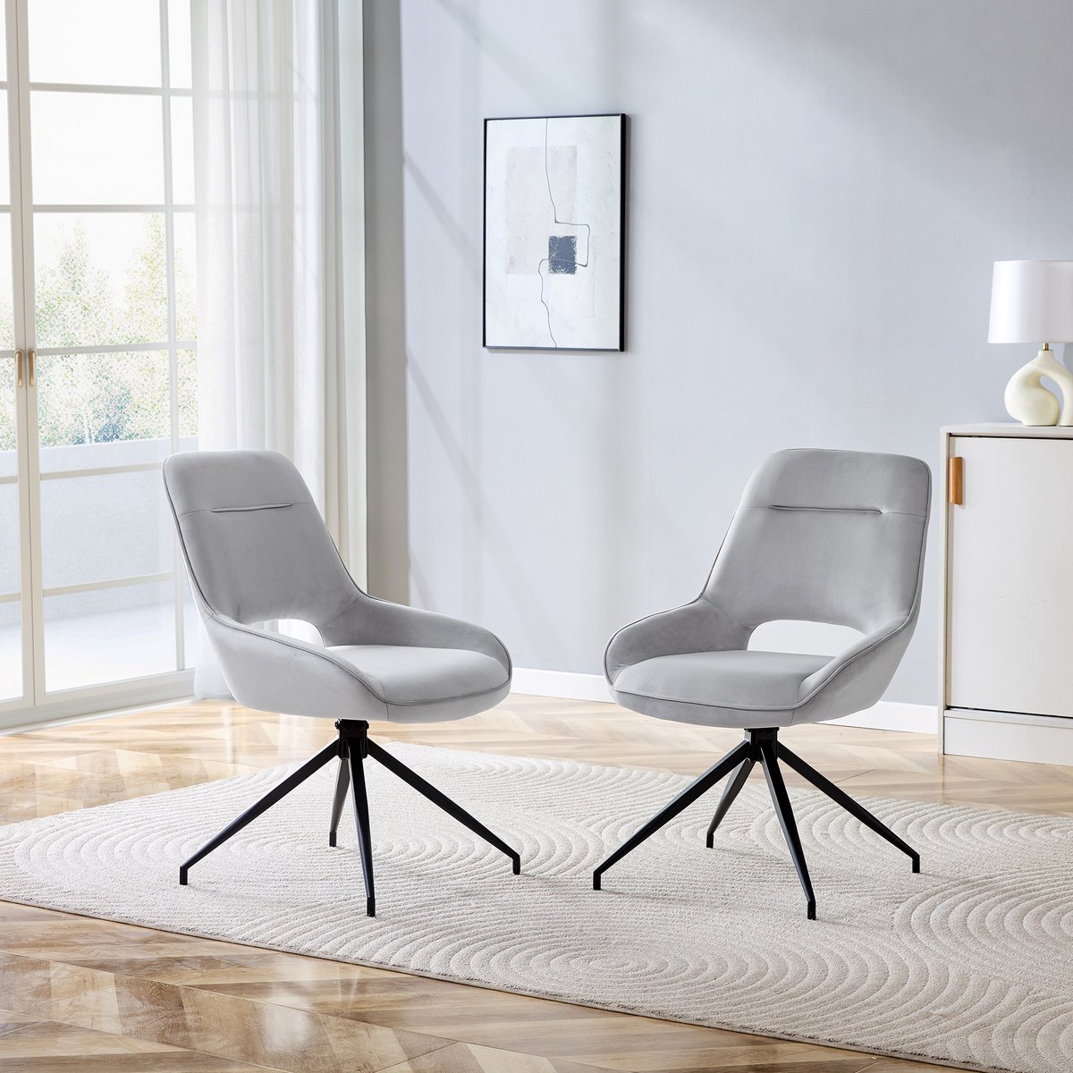 COVREO Eetkamerstoel set van 2, 87 cm lichtgrijs velvet, zwart metaal, draaibaar