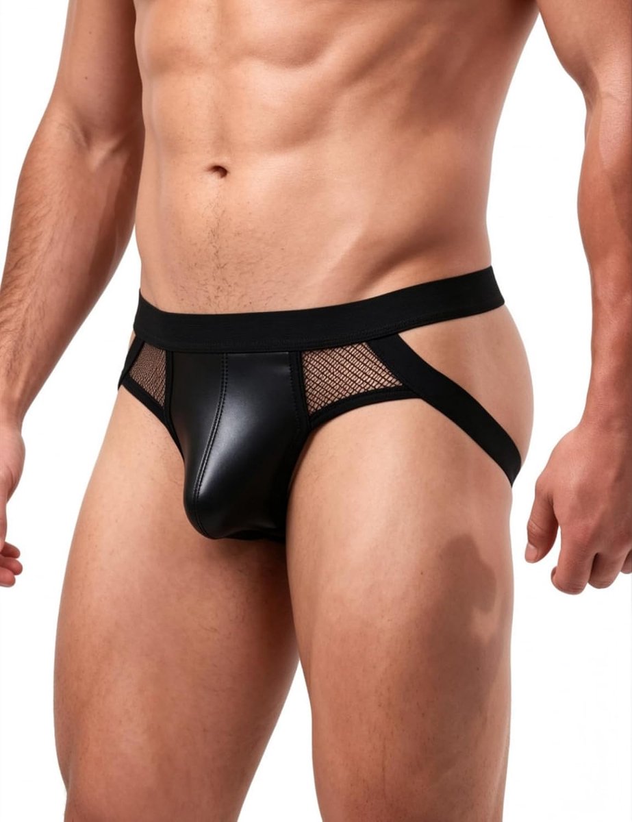 Jockstrap Thong Ondergoed - PU Leer - Mesh Insert - Sexy Clubwear voor Mannen - ShopVlot