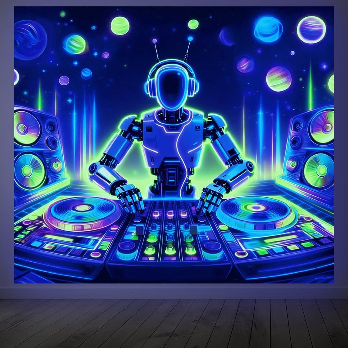 Tapestry Glow in the Dark 137x130cm - Neon Planeten - Robot DJ - Intergalactische sfeer - ShopVlot
