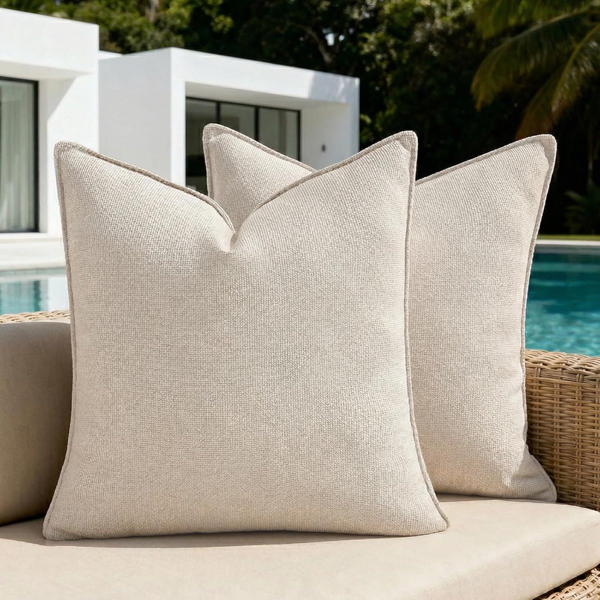 Kussenslopen set van 2 - 30 x 30 cm - beige chenille - waterdicht en weerbestendig - perfect voor buiten gebruik - ShopVlot