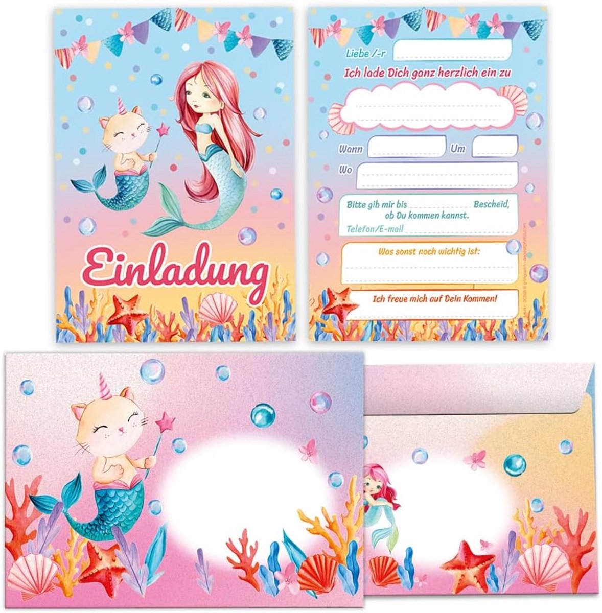 Uitnodigingen voor kinderfeestje - 12 kaarten + 12 enveloppen - zeemeermin thema - perfect voor verjaardagen - ShopVlot