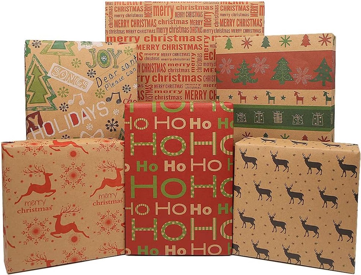 Kerst inpakpapier set 12 vellen 50 x 70 cm - gerecycled kraft papier - met jute touw en labels - ShopVlot