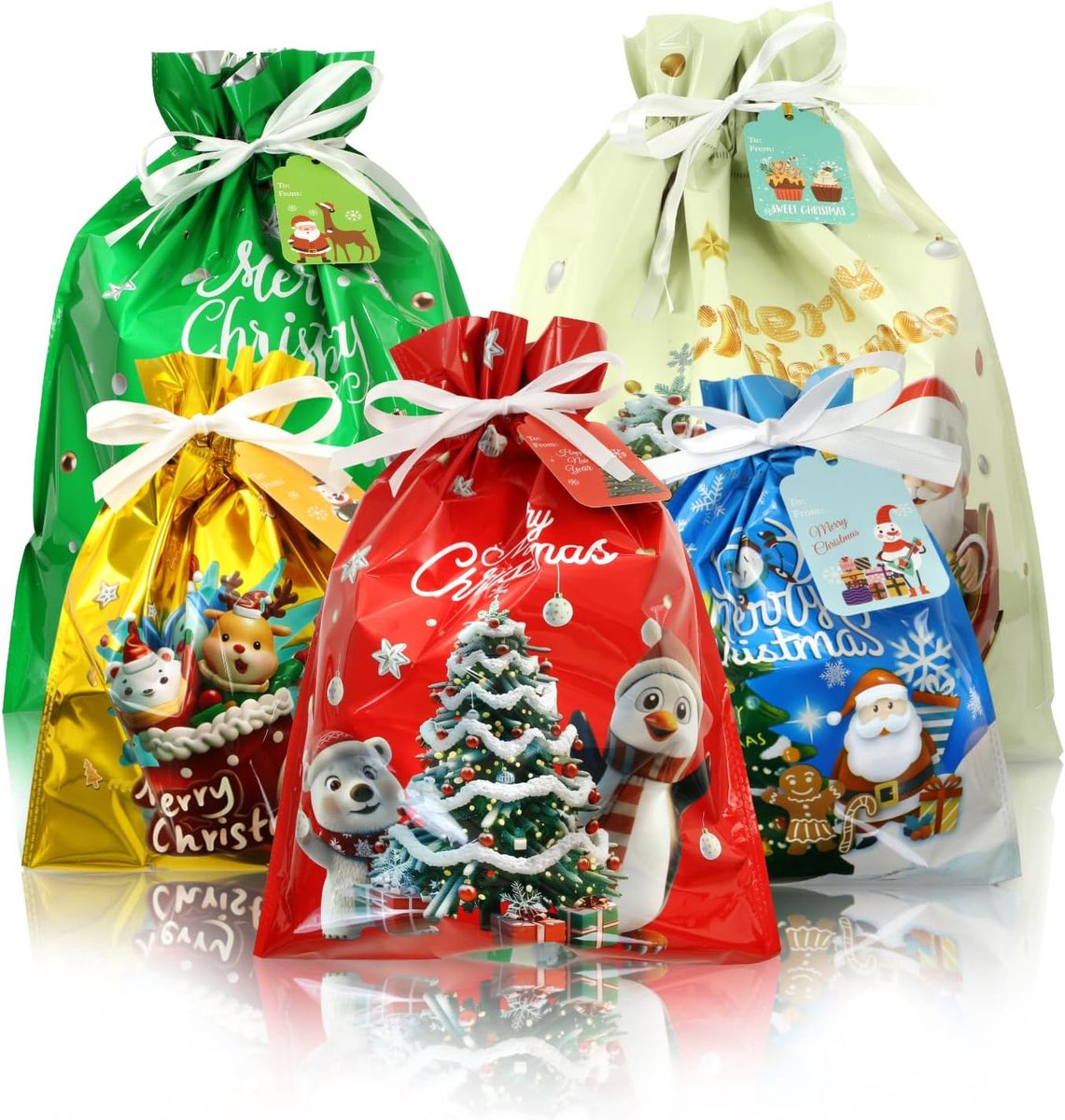 Kerstcadeauzakjes 14 stuks - Diverse ontwerpen - Trekkoord - Perfect voor feestdagen - ShopVlot