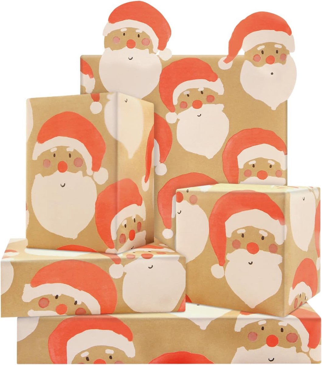 Kerst inpakpapier rol 43 cm x 3 m - bruin kraftpapier - kerstman hoofdontwerp - perfect voor kerstgeschenken - ShopVlot