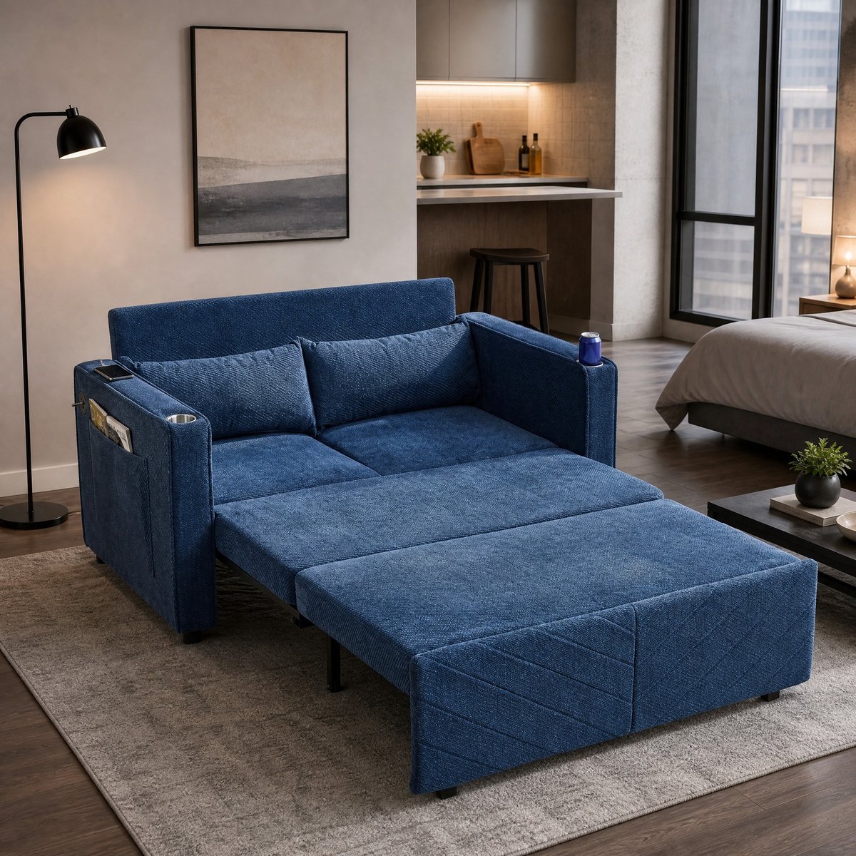 DESMIU Slaapbank - 2-Zits - Slide-To-Transform Met USB-Oplaadpoorten En Zijvakken - Voor Woonkamer, Logeerkamer En Kantoor - Stof - Navy Blue