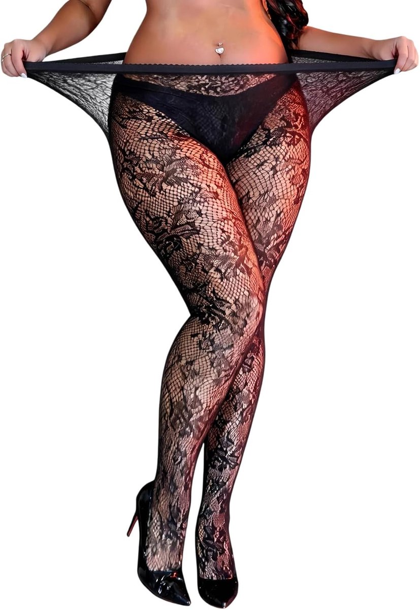 Visnetkousen met bloemenpatroon plus size - Zwart elastisch - Hoge taille - Sexy uitstraling - ShopVlot