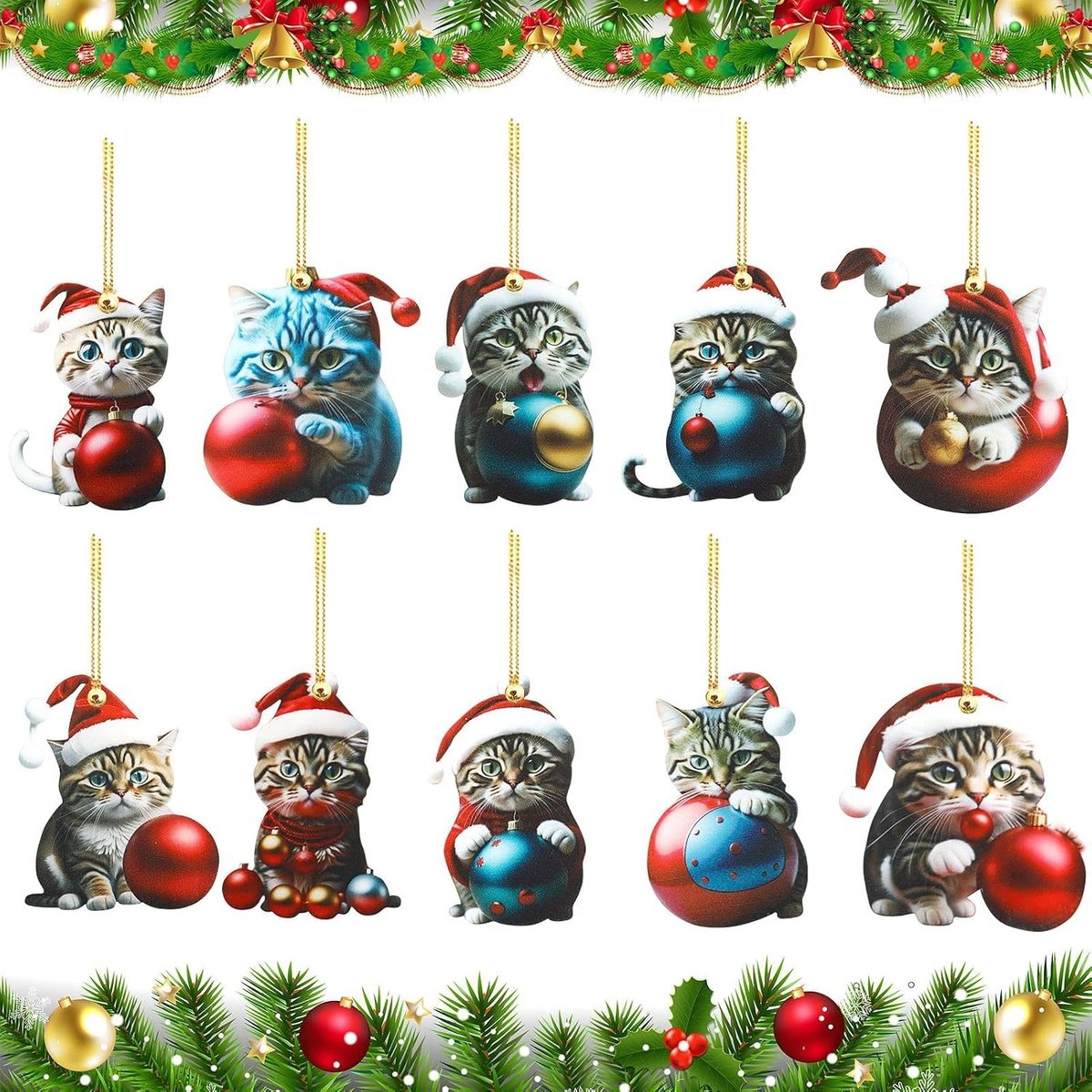 Kerstdierdecoratie katten 2D - Acrylaat - 10 schattige katten - Perfect voor de kerstboom - ShopVlot