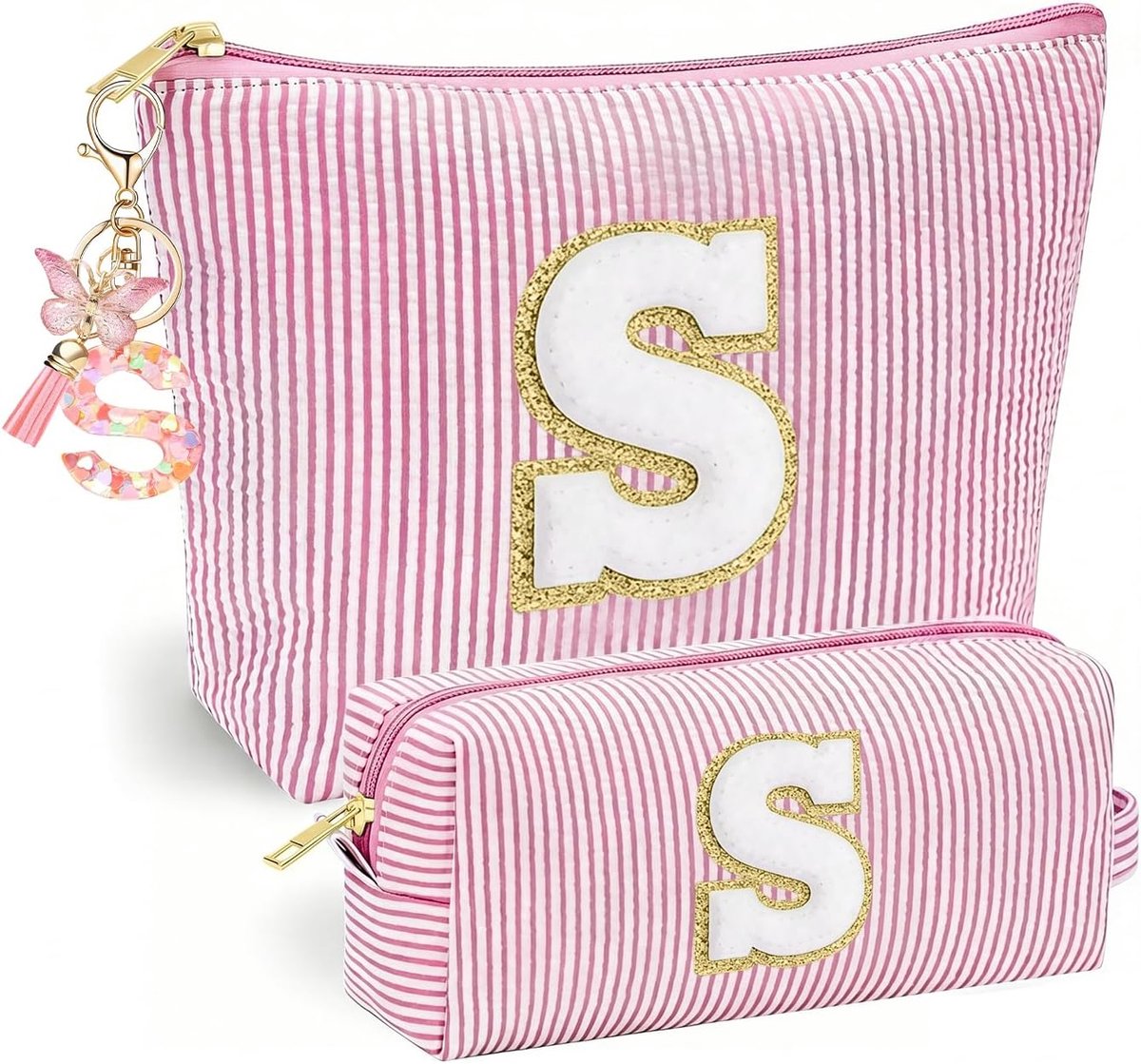 Make-uptas S - Gepersonaliseerd Roze - Vlinderkwast-sleutelhanger - Unieke stijl voor meisjes - ShopVlot