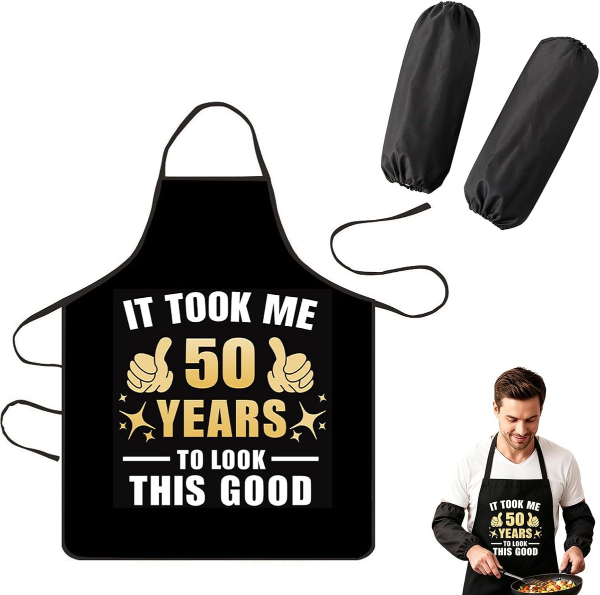 50e verjaardag schort en handschoenen set - ademend polyester - duurzaam en wasbaar - grappig cadeau voor feest - ShopVlot
