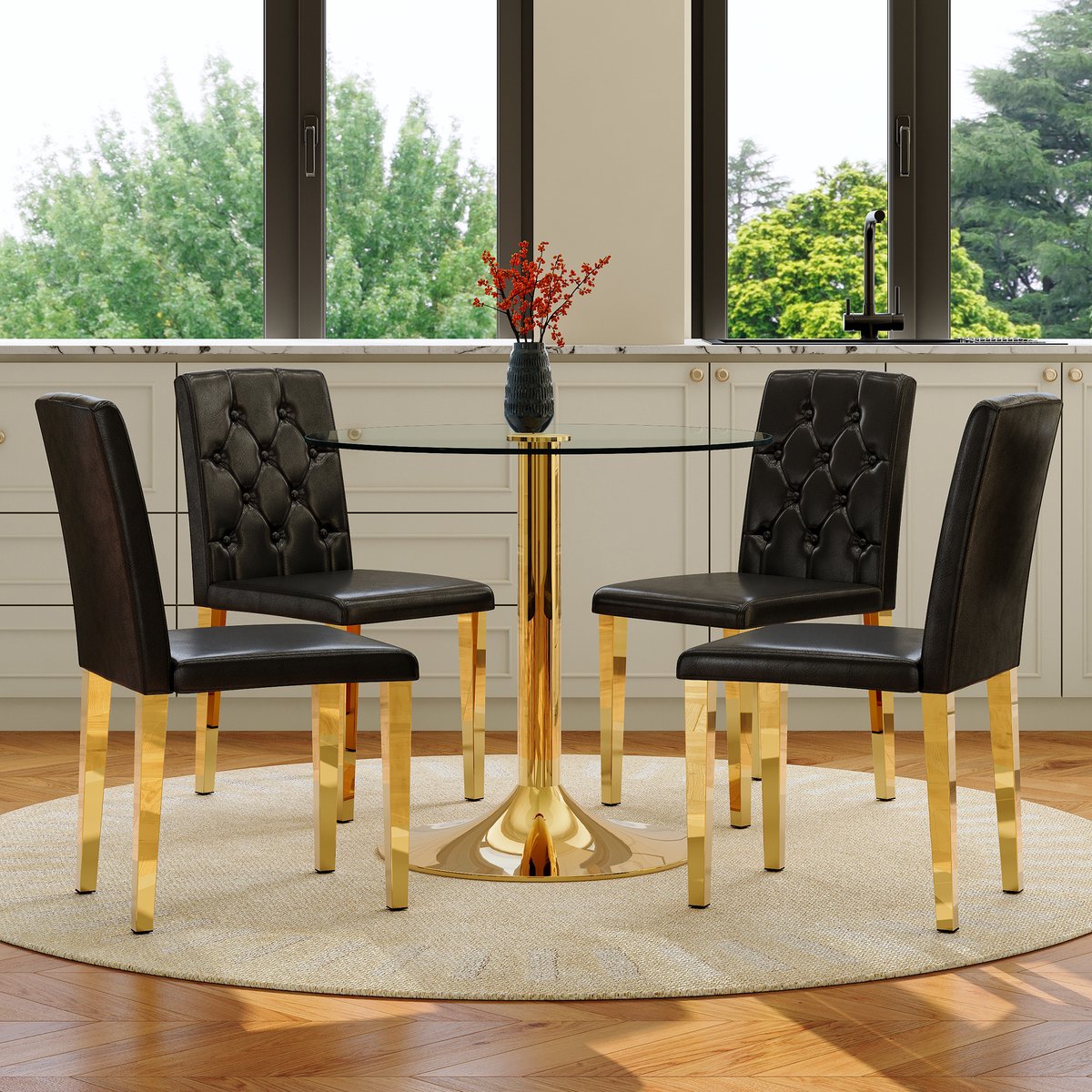 MODFU Set Tafel En Stoelen - Rond - Modern - Zwart Goud Transparant - 4 Stoelen