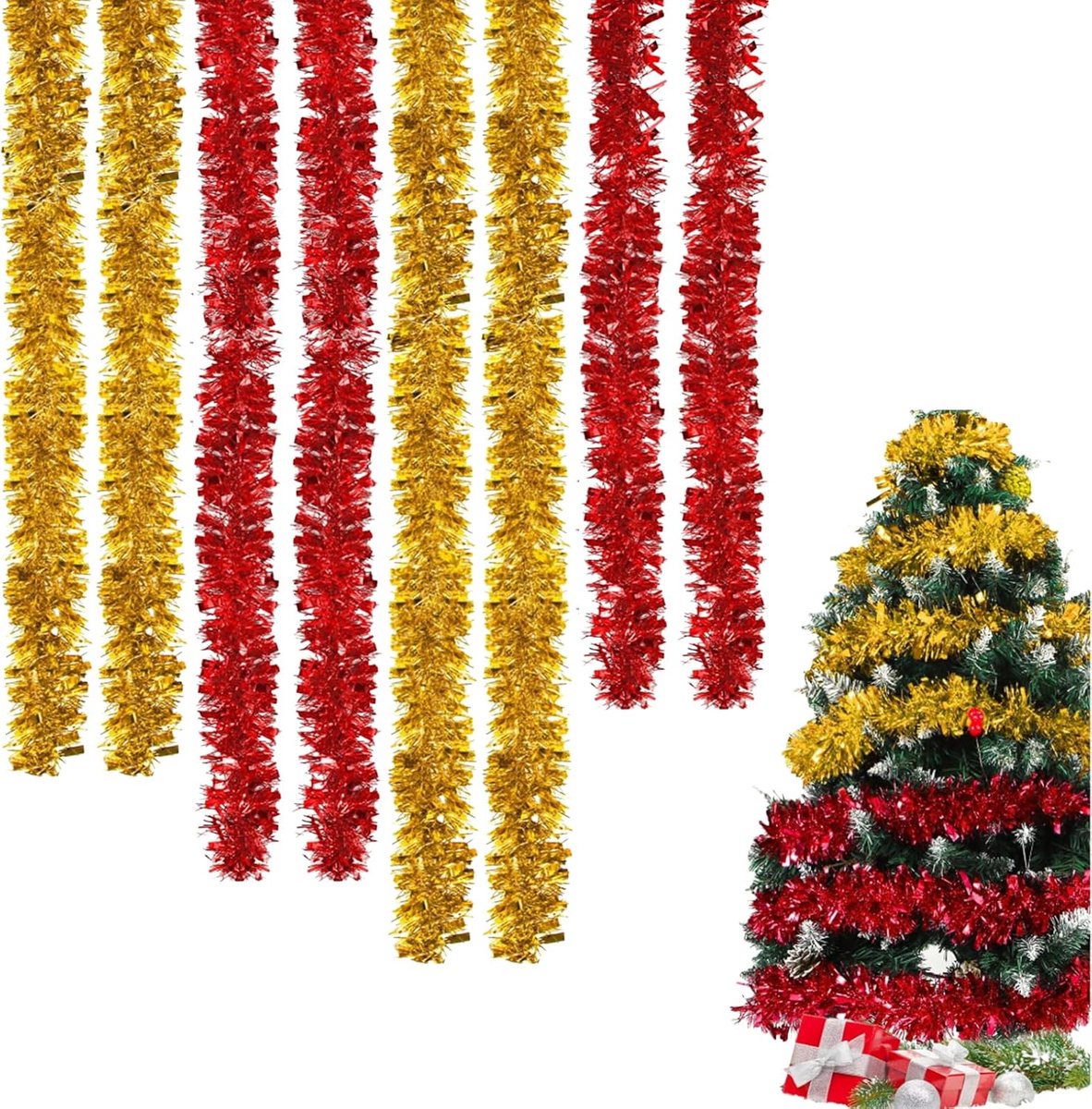 Kerstboom slinger 2 meter - goud en rood - metallic glitter - duurzame kerstdecoratie - ShopVlot