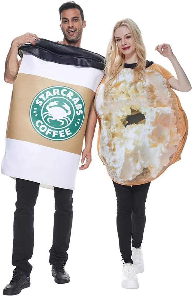 EraSpooky Coffee Cup and Bagels Bread Costume Food Drink Suit Halloween Party Adult Couple Fancy Dress - ShopVlot