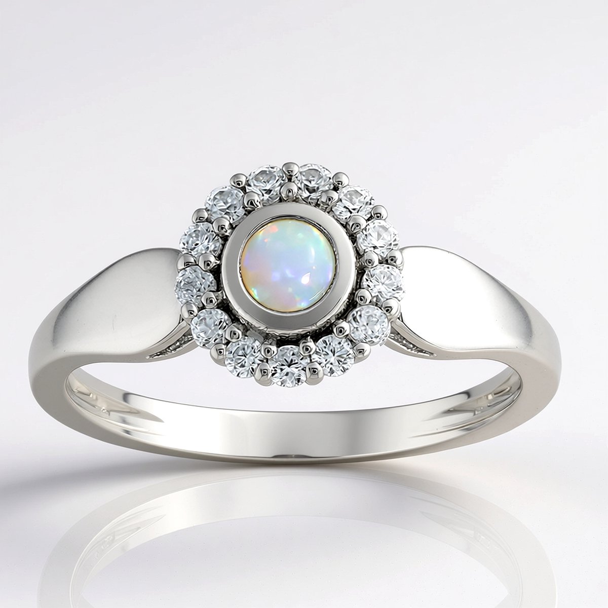 Cavill - Luxe Opaal Ring - 925 Sterling Zilver Geplatineerd - Australische Opaal 0,095 ct - 13 Zirkonia's 0,259 ct - Ronde Cabochon