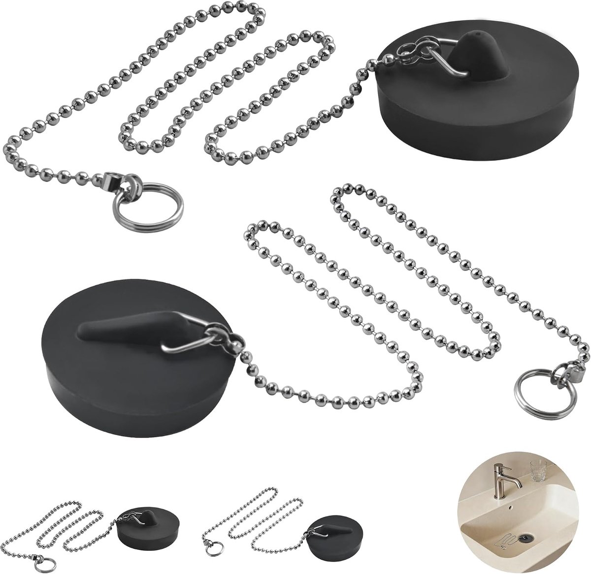 Afvoerstopper 4 stuks (4cm & 4.5cm) - Zwart met RVS Ketting - Voorkom Waterverlies en Geur - ShopVlot