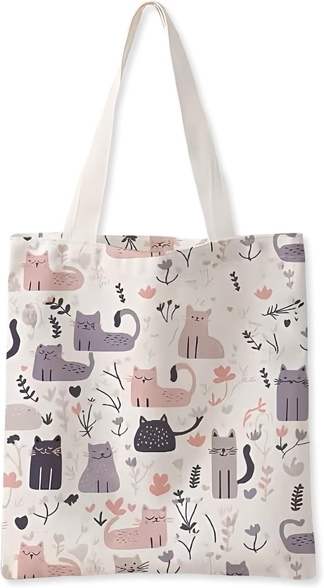 Tote bag met katten en bloemen - linnen tas - schoudertas - perfect voor naar het strand - ShopVlot