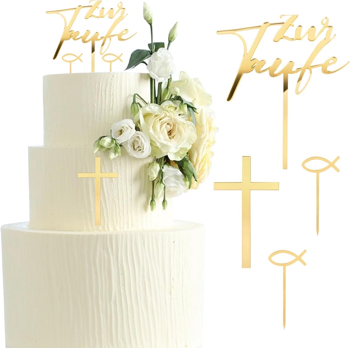 Cake decoratie set - goud acryl - 4-delig met kruis en vis - perfect voor doop en babyshower - ShopVlot