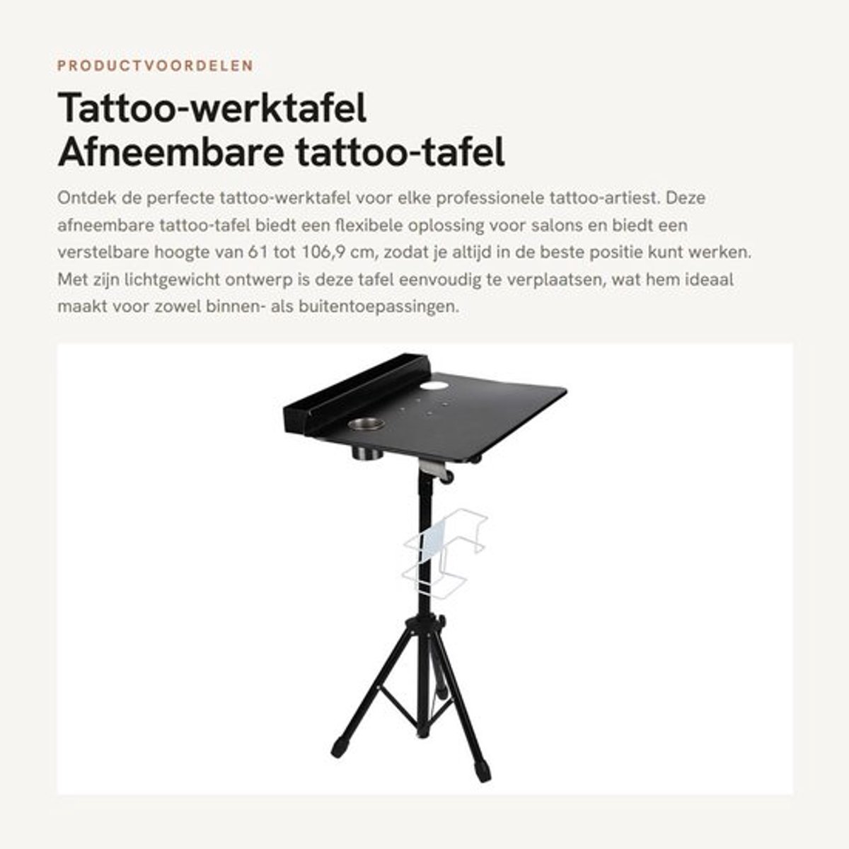 Tattoo-werktafel afneembaar - verstelbare hoogte 61-106,9 cm - lichtgewicht - stabiele statiefvoet - papieren handdoekhouder - draagbaar ontwerp - Tattoo Tafel