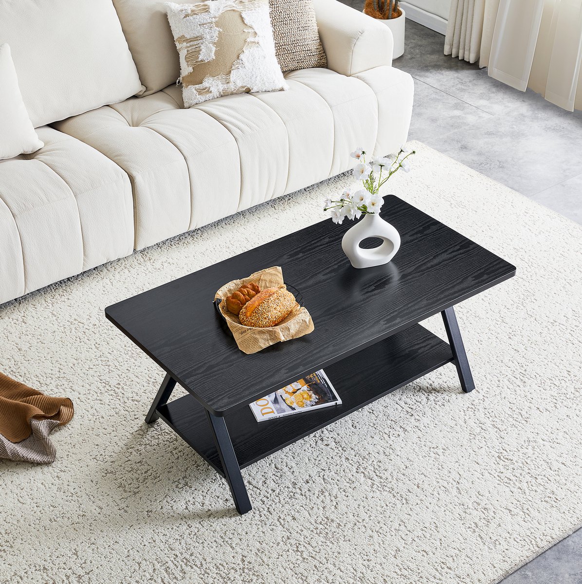 COVREO Salontafel 110 x 57 x 44,5 cm zwart, MDF en metaal met opbergrek