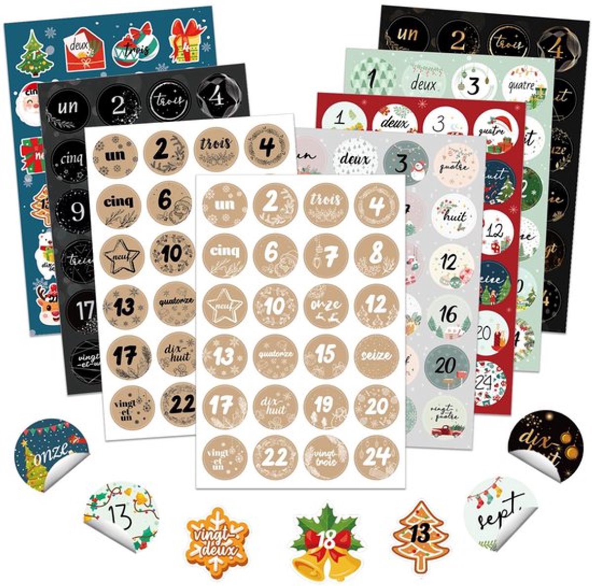 Kerststickers Adventskalender 2024 - 1-24 Stickers - 8 vellen - Zelfklevend - Voor Knutselen - Kerstdecoraties - Adventstickers