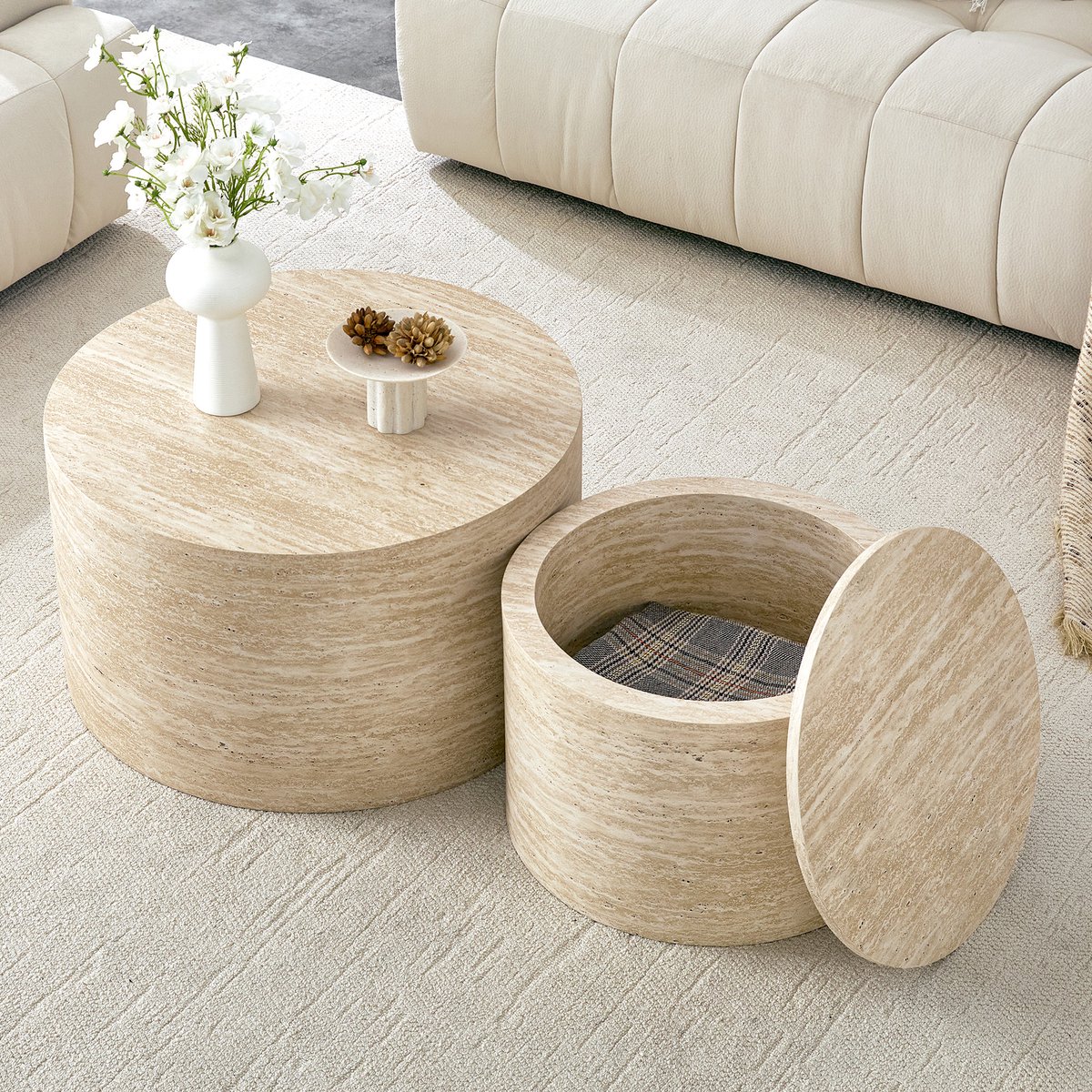 2-delige Ronde Nesting Salontafels Met Opbergruimte - Bijzettafels MDF Houtnerf - 62,8 cm & 44 cm Houtkleur