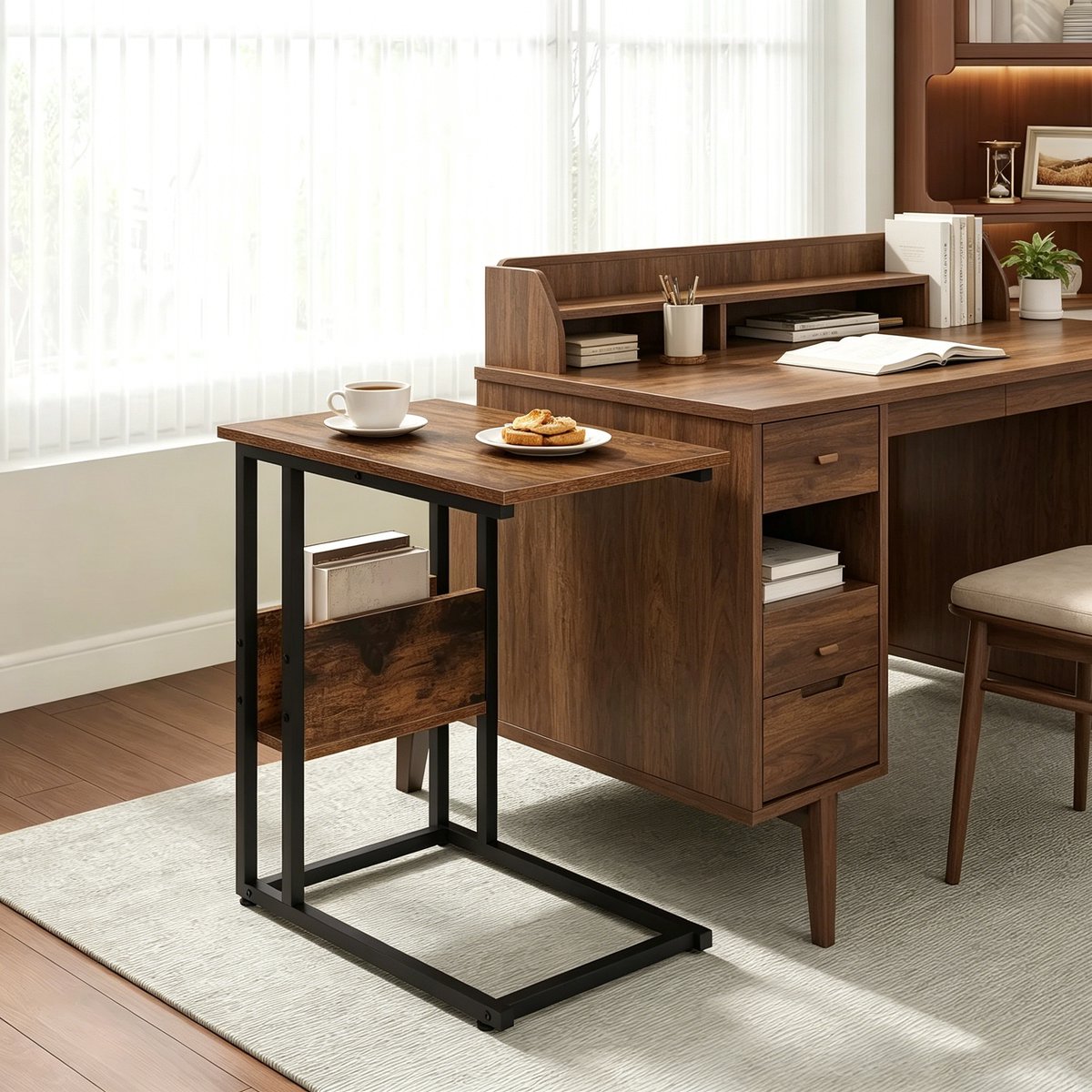 C-Form Sofatisch 36x55x59,5 cm - Kleine Bijzettafel Met Opbergrek En Laptop Plateau - Metaal En Hout Rustic Brown