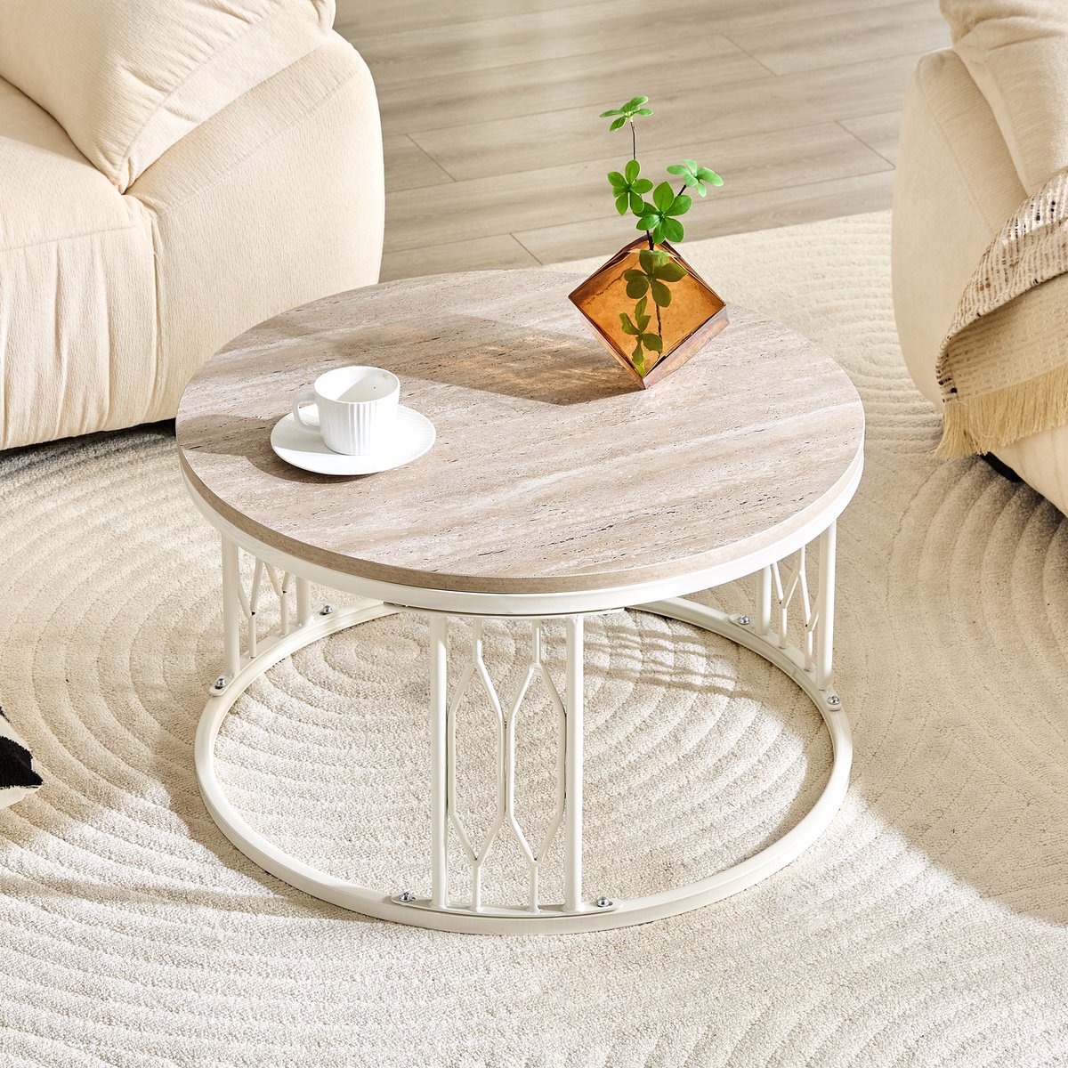Ronde Salontafel 70 cm - Houtlook Tafel Met Zwart Metalen Onderstel En Opbergruimte Wit