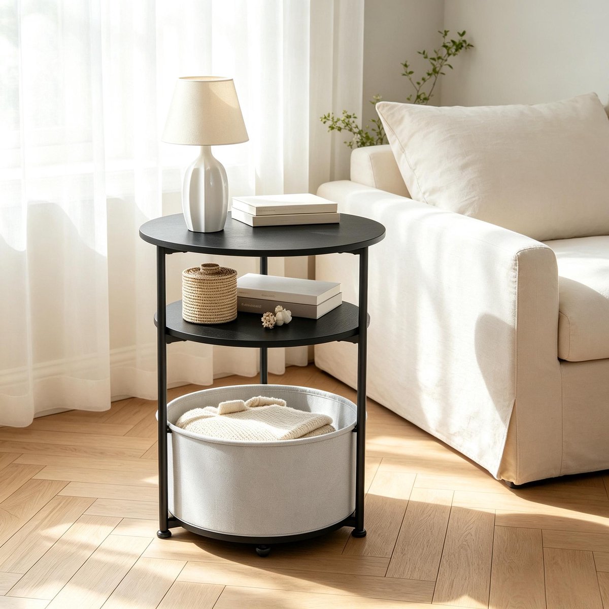 Ronde Bijzettafel 43x56 cm - Stoffen Opbergkorf Met Stevig Metalen Frame Zwart