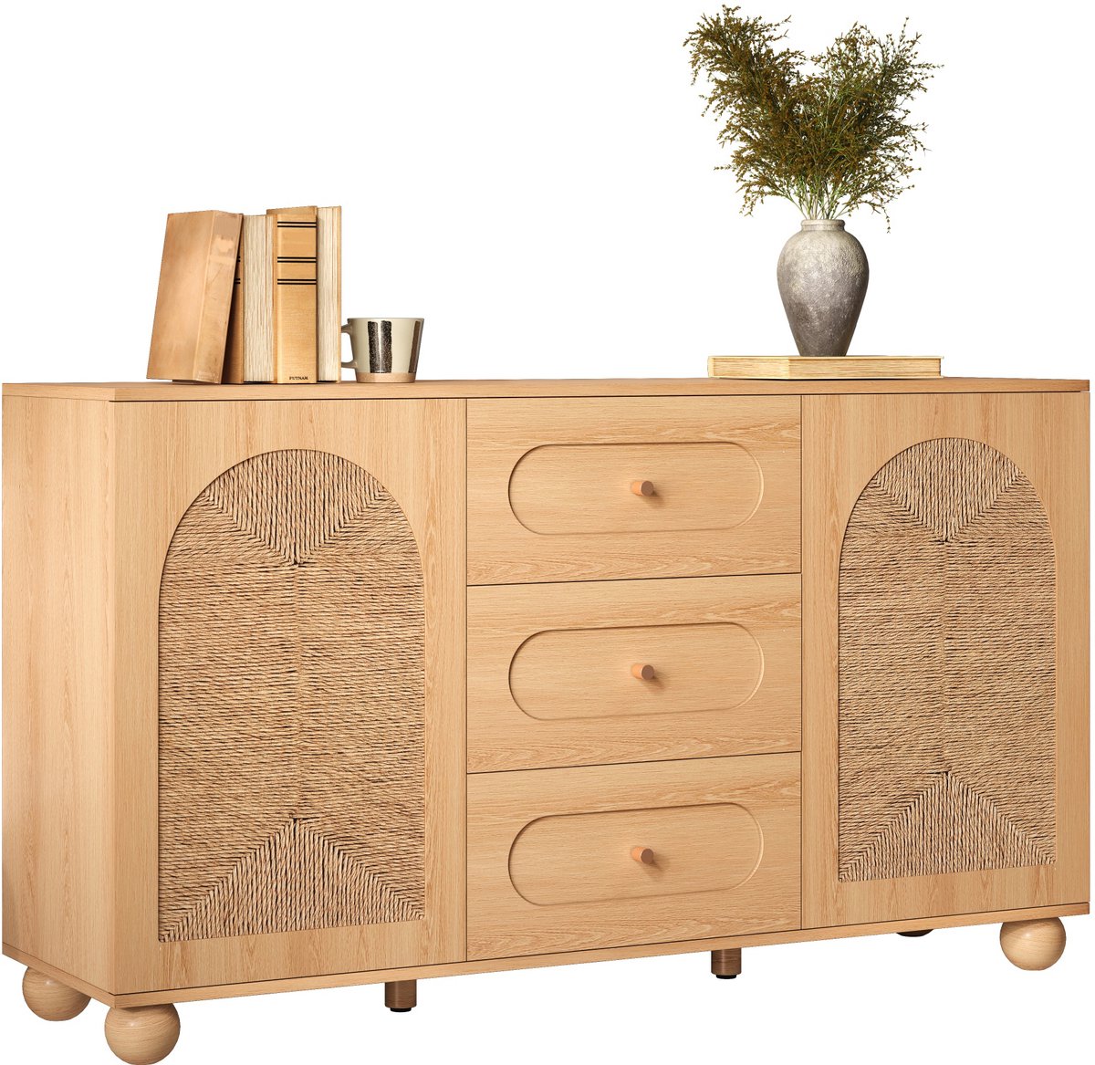 Sideboard 140x40x80 cm Met 2 Deuren En 3 Laden - Seilgeflecht Design Met Kiezerhouten Kogelpoten Naturel