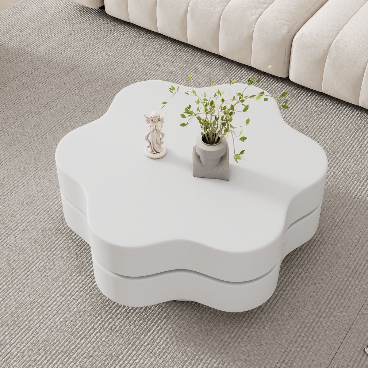 Bloemvormige Salontafel 74,8 x 67,5 cm - Draaibaar Tafeltje Met 2 Plateau's - MDF Crèmewit