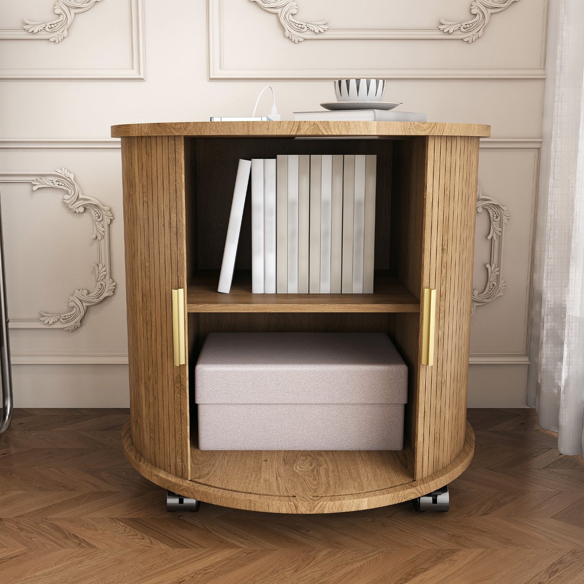 Ronde Nachtkast 60x60x60 cm Met Ladestation En Schuifdeur - MDF Eikenlook Eiken