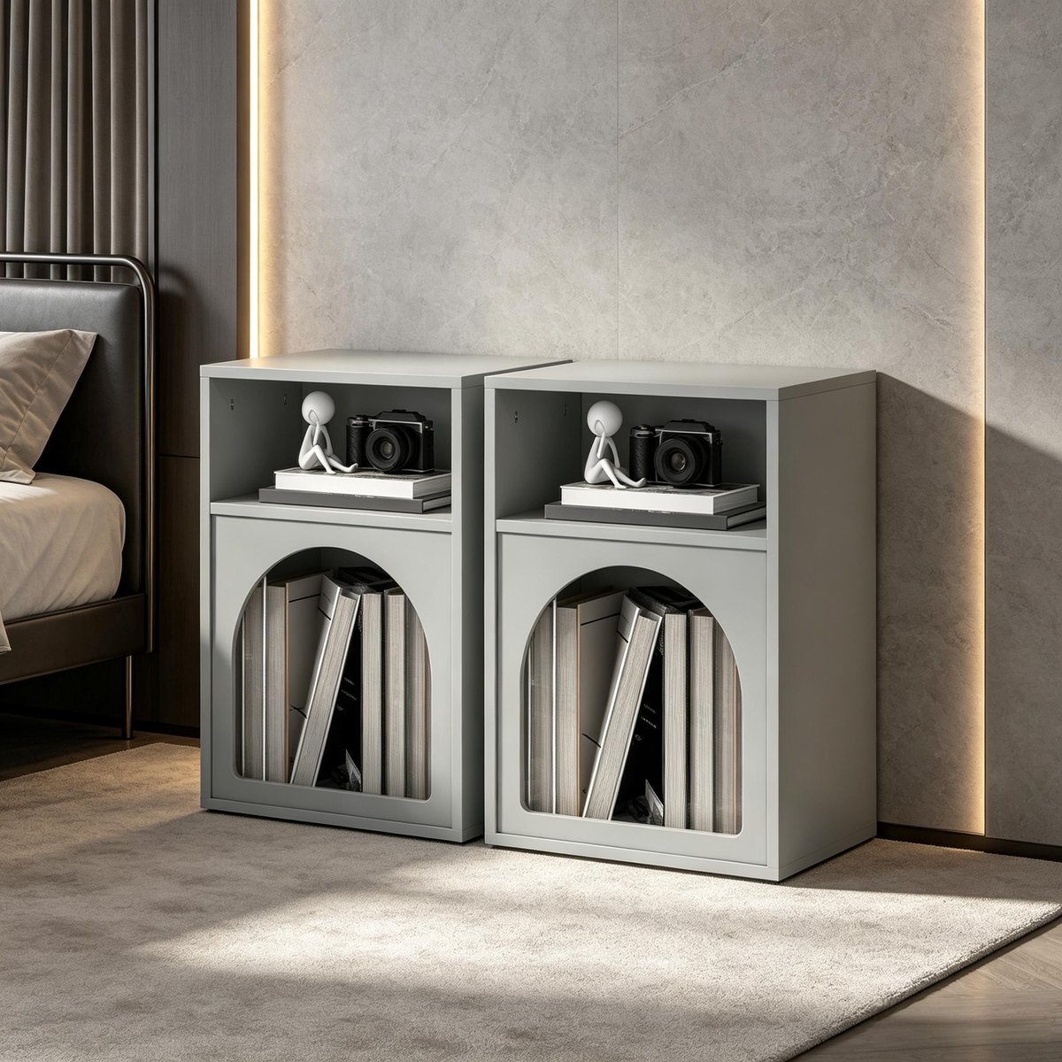 Set 2 Nachttafels 40x30x60 cm - Nachtkastje Met 2 Open Vakken Gebogen Design MDF Grijs