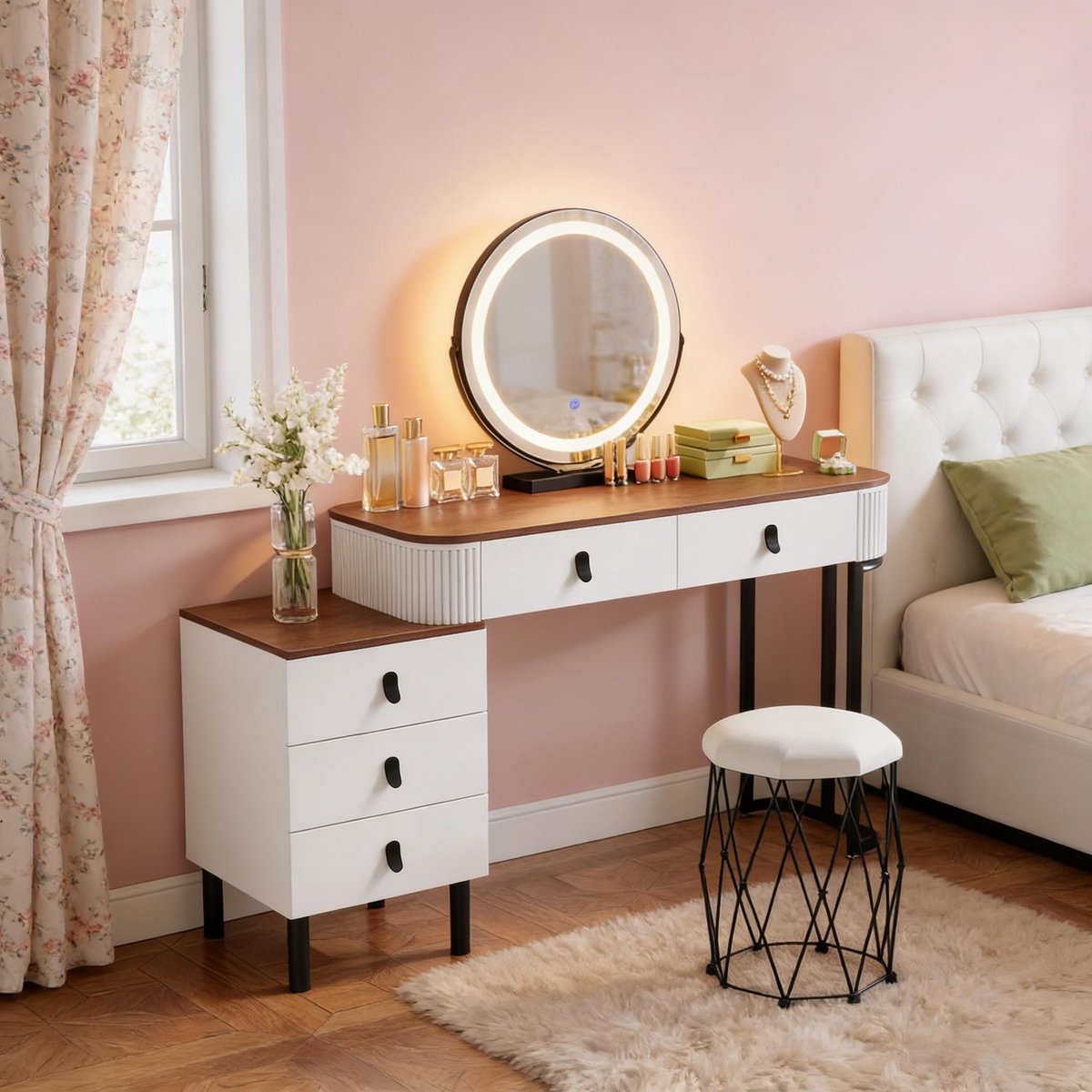 Make-up Tafel 125 cm Met LED Spiegel En 5 Laden - Massief Hout Met Kruk Wit/Bruin